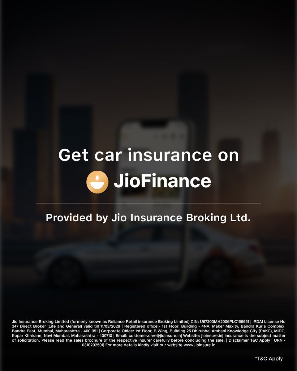 JioFinance1's tweet image. From the daily commute to the long road trip, drive worry-free knowing you’re covered. Get the seamless protection your car deserves with JioFinance car insurance.

#JioFinance #SmartInsurance #CarInsurance #CustomInsurance #InsuranceAddOns #SmartCoverage #StayCovered #DriveSafe