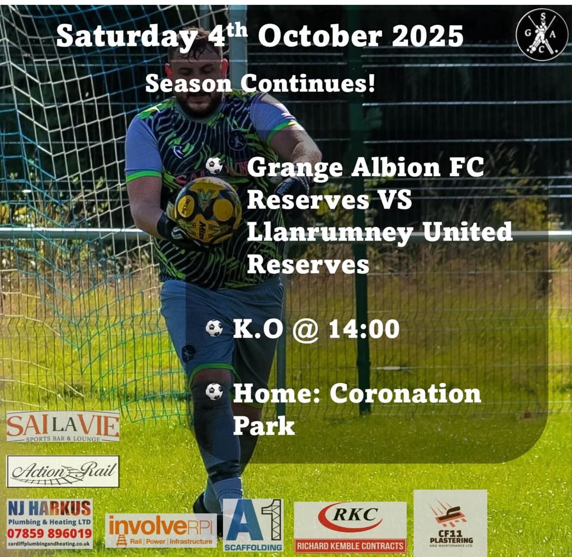 ⚫️⚪️⚽️Reserve Team⚽️⚪️⚫️ 
🆚 | <a href="/LlanUtdFC/">Llanrumney United FC</a> 
🗓️ | Sat 4th October
⏰ | KO 2:00pm
🏟️ |Coronation Park
🏆 | <a href="/cardiff_and/">Cardiff and District</a> 

Richardkemblecontracts.co.uk

cardiffplumbingandheating.co.uk

Leckwithbuildingsupplies.co.uk