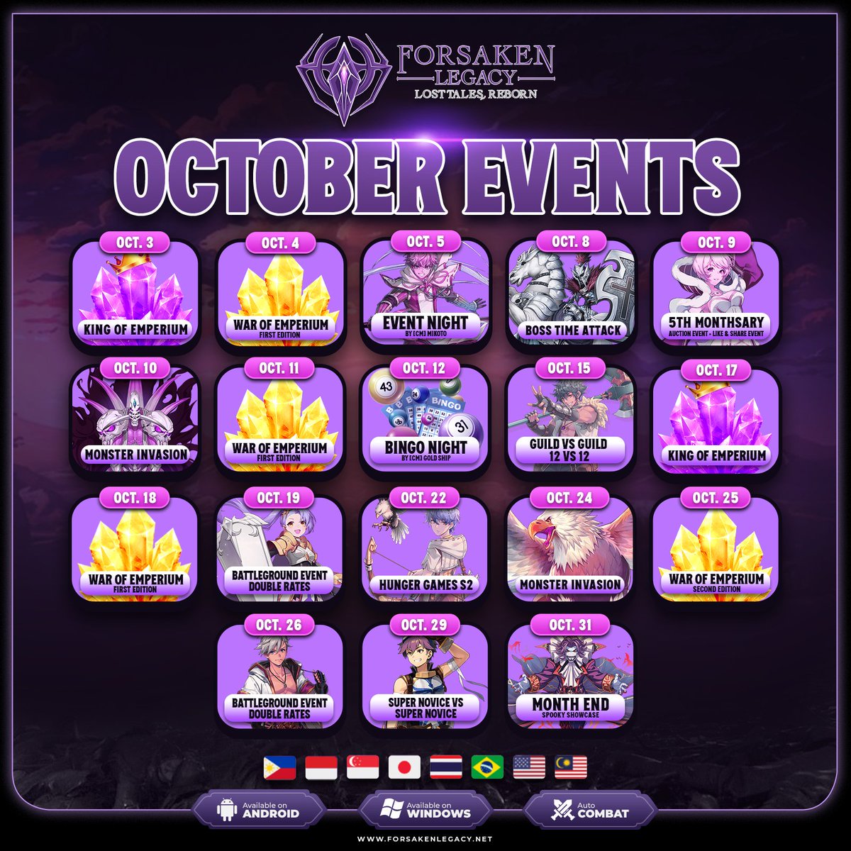 Forsaken_RO's tweet photo. 🔥October 2025 Events are here! 🔥

Get ready for another month of jam-packed events this coming October 2025 🎉

Awesome fun & rewards awaits you! 🎁

Join us now 🔥
🎮 Website: https://t.co/MxB0miQHLb
🗨️ Discord: https://t.co/57gOp1Ib6a
📖 Wiki: https://t.co/aNSTlnFRJr

#ForsakenLegacy #OctoberEvents