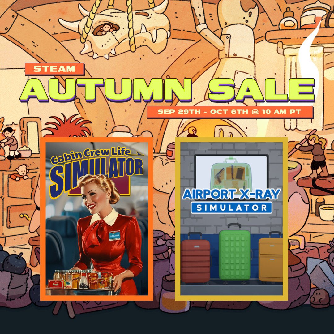 CabinCrewGame's tweet photo. 🎁 GIVEAWAY TIME! 🎁
We're giving away 10 Steam keys,  5 for Cabin Crew Life Simulator ✈️ and 5 for Airport X-Ray Simulator🛂 to celebrate the Autumn Sale🍂 !

✅ Follow @CabinCrewGame and @rainbowlabuk 
👍 Like & RT this post
✅ Tag 2 friends you'd play with
💬 Comment which game you’d love to win: Cabin Crew or Airport X-Ray

🕒 Giveaway lasts 7 days only! 

#Giveaway #SteamGiveaway #IndieGames #CabinCrewSimulator