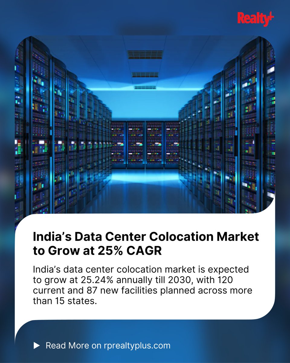 RPRealtyPlus's tweet image. India’s data center boom is just getting started  - with growth projected at 25% CAGR till 2030.
🔗 Read the full story: rprealtyplus.com/news-views/ind…
#DataCenters #DigitalIndia #TechInfrastructure #RealEstateIndia #ColocationMarket #FutureReady #InvestmentTrends