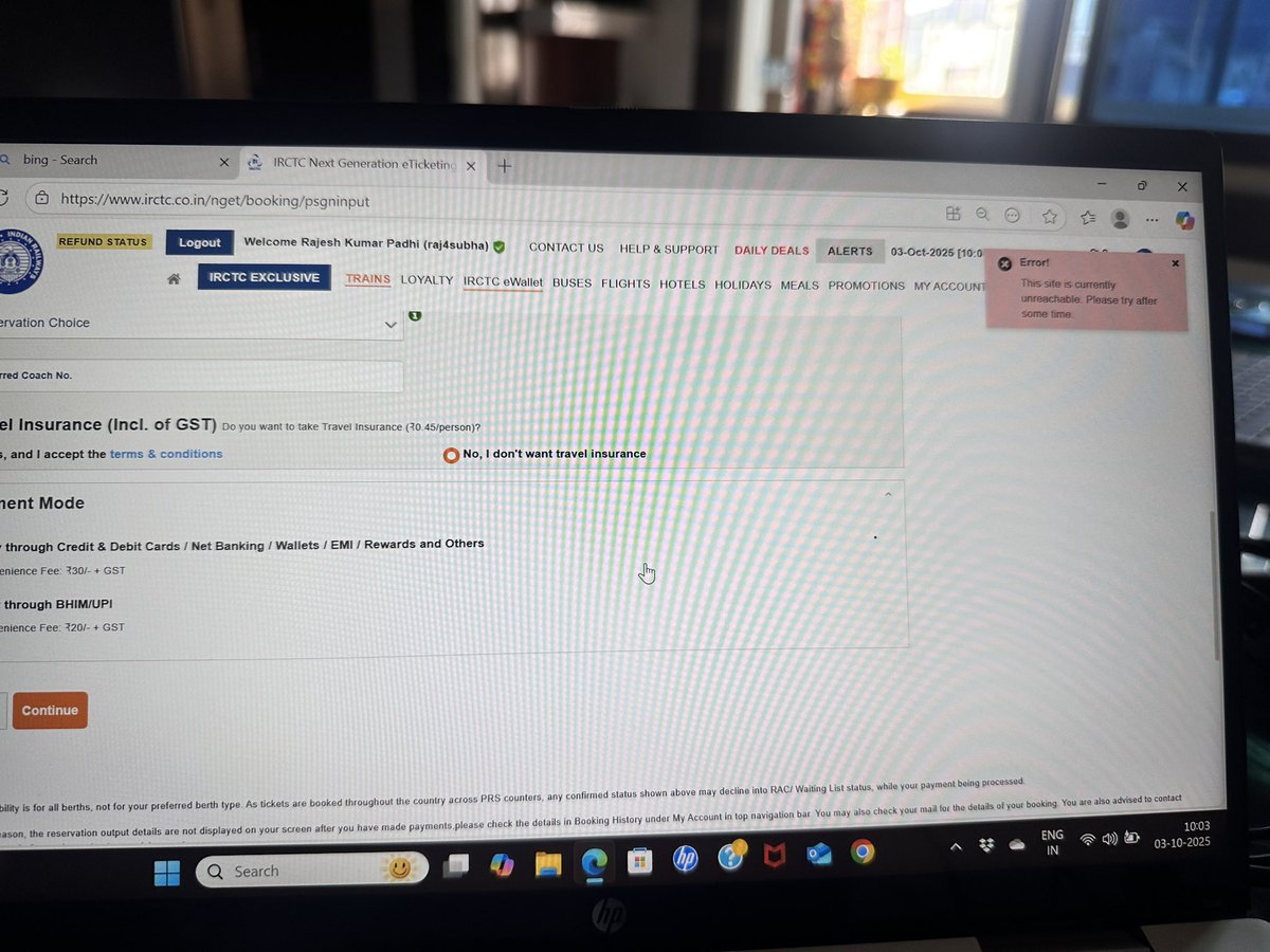 raj4subha's tweet photo. @RailMinIndia the Aadhaar authentication system not working for individual Tatkal ticket booking. when it opens immediately showing this site is unreachable and after 1  minutes tickets are empty. I don’t understand but rly should pay immediate attention. https://t.co/ZBvppBoxy6