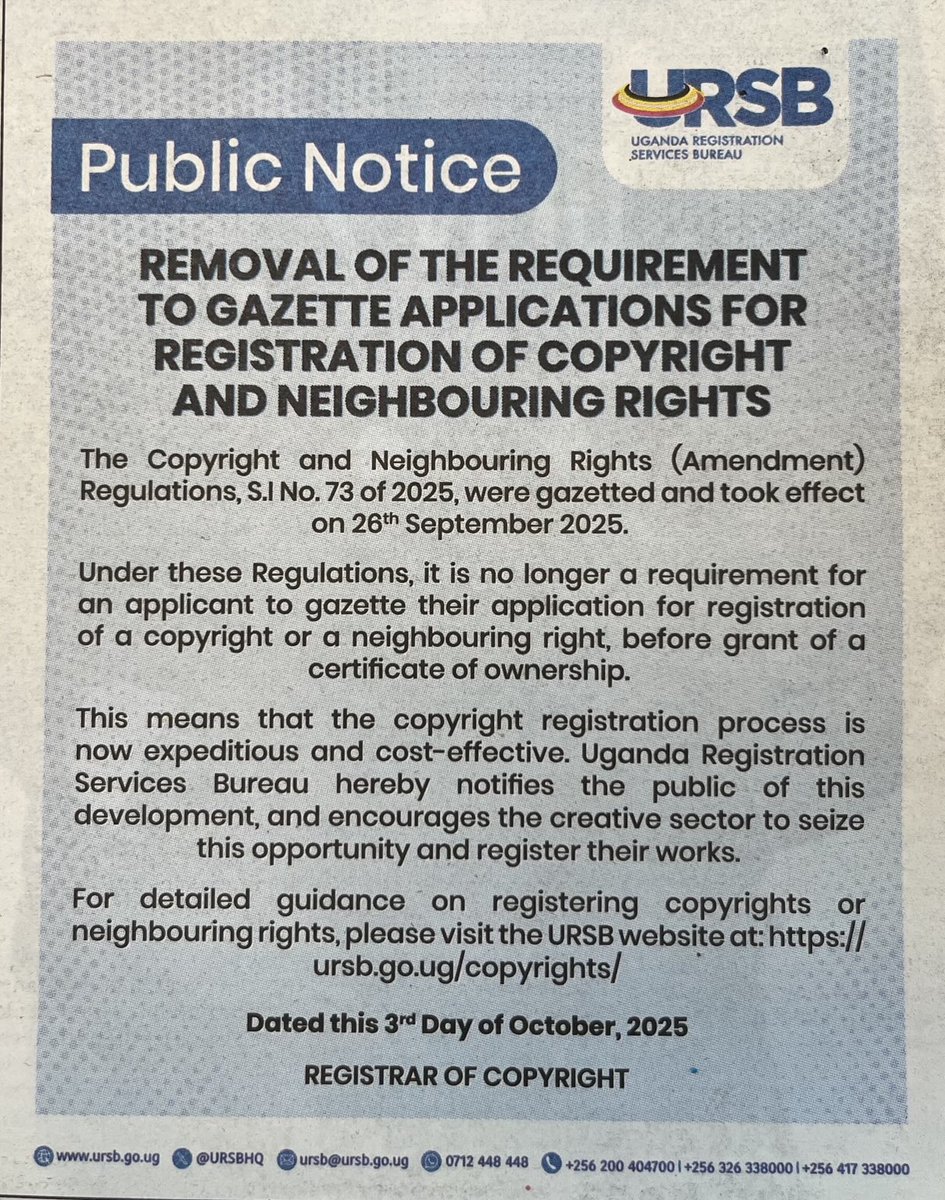 m_nabatanzi's tweet photo. ⁦@UPRSOFFICE⁩ ⁦@UgUFMI⁩ ⁦@URROUganda⁩ ⁦@unmfederationug⁩ ⁦@UgandaMusicians⁩ ⁦@NCFUganda⁩ ⁦@eddykenzoficial⁩ ⁦@pgu256⁩ ⁦@pearlwoodug⁩ Content protection through registration with ⁦@URSBHQ⁩ got simpler and affordable. https://t.co/sa6kxEn9O8