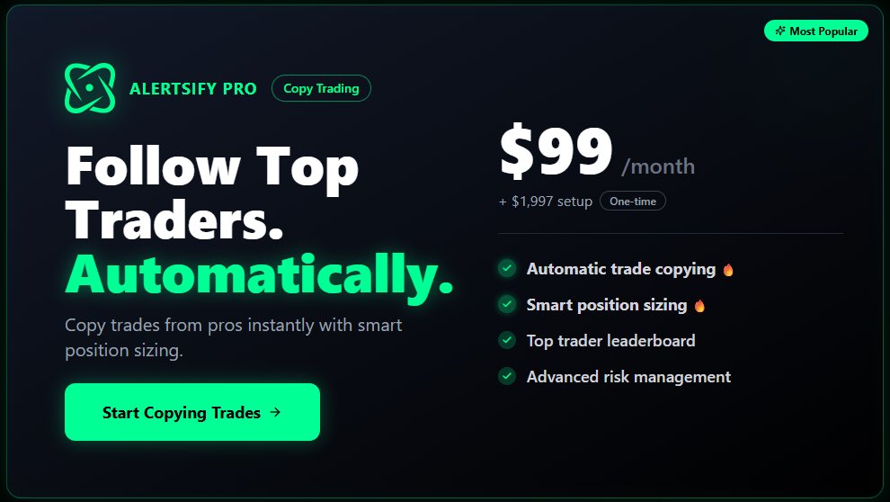 You’ve been watching copy trading results for weeks.

You know it works.

You know people are making money.

The only question is: do you lock in at $1,997 or wait and pay $2,495?

Tomorrow @ 11am EST. Price increases.

alertsify.com