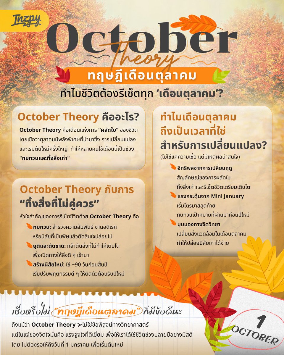 plaplaparichat's tweet image. 🍂 October Theory ~ ทฤษฎีเดือนตุลา

เคยรู้สึกไหมว่าพอเข้าตุลาคม เราอยากเริ่มต้นใหม่แบบไม่มีเหตุผล?

เช่น ลาออกจากงาน เปลี่ยนเส้นทางชีวิต “ทิ้งสิ่งที่ไม่คู่ควร”
เพื่อเปิดพื้นที่ให้สิ่งใหม่ๆ เข้ามา

inzpy.com/inzpiration/oc…

#OctoberTheory #เริ่มใหม่ในตุลา #inzpy