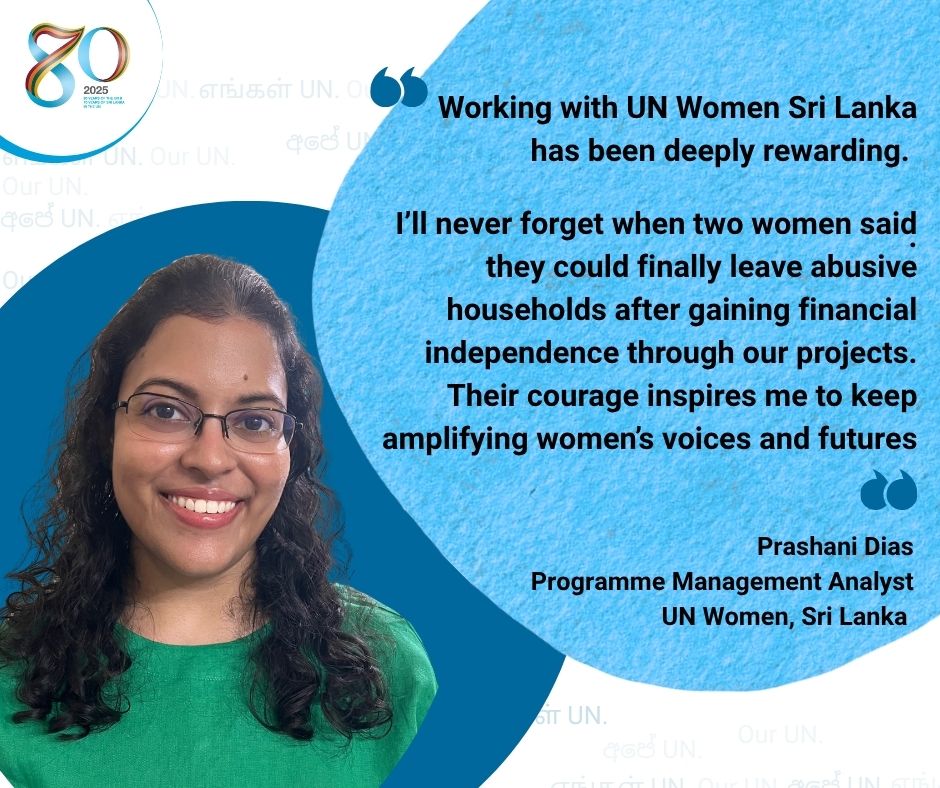 UNSriLanka's tweet photo. At @UN_Women Sri Lanka, Prashani Dias has spent a decade helping women build businesses, lead in their communities & stand up against violence.
For 80 yrs globally & 70 in 🇱🇰, the #UN’s journey is shaped by ppl like Prashani to advance women's rights.
#OurUN #අපේUN #எங்கள்UN https://t.co/4zlaIeGecC