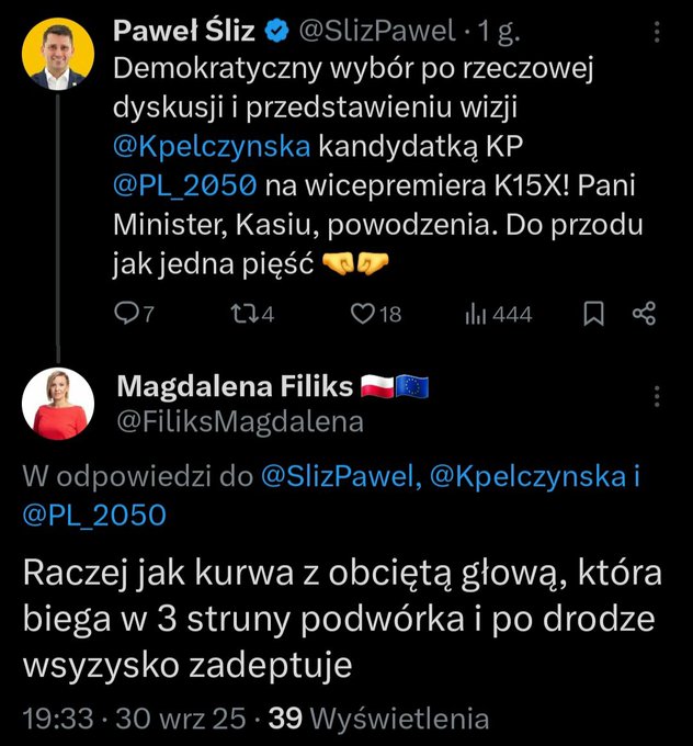 Two profile images of Pawel Sliz and Magdalena Filiks. Pawel Sliz has short dark hair and wears a suit, with a blue background. Magdalena Filiks has short blonde hair, wears a red top, and has a Polish flag behind her. Both images include Twitter handles @SlizPawel and @FiliksMagdalena.