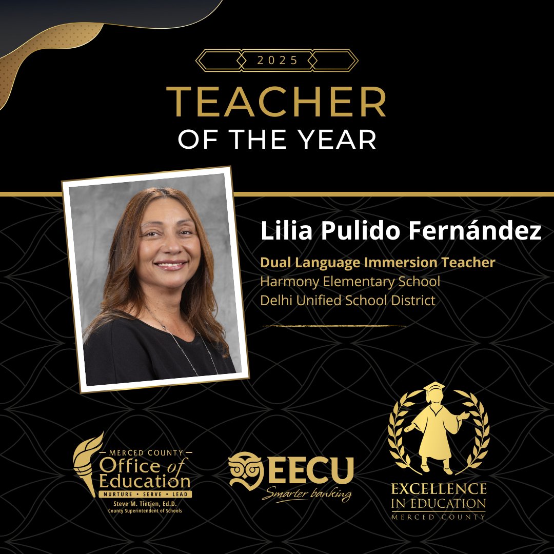 Congratulations to the 2025 Merced County Excellence in Education Teacher of the Year, Lilia Pulido Fernandez from the Delhi Unified School District!  🎉

Visit mcoe.org/eie to learn more about Lilia and the rest of the 2025 Excellence in Education teacher honorees.