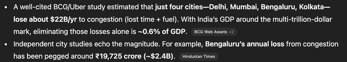 raveetweets's tweet photo. @TVMohandasPai @CMofKarnataka @siddaramaiah A well-cited BCG/Uber study estimated that just four cities—Delhi, Mumbai, Bengaluru, Kolkata: lose about $22B/yr to congestion (lost time + fuel). With India’s GDP around the multi-trillion-dollar mark, eliminating those losses alone is ~0.6% of GDP https://t.co/SAiufzK57Q