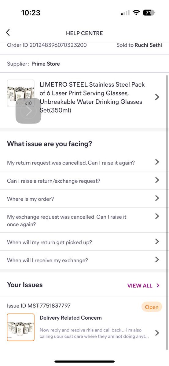 ruchisethi3's tweet photo. I bought 20 sets of 6 glasses each on Meesho. recd 1 set, 19 r short, it's been a wk they hv not resolved &amp; after escalation they changed the cmplt ID and deleted all my cmplt history  MST ID - 1634286952 26 sep
@meesho_support @viditaatrey https://t.co/i76UGhmOEq