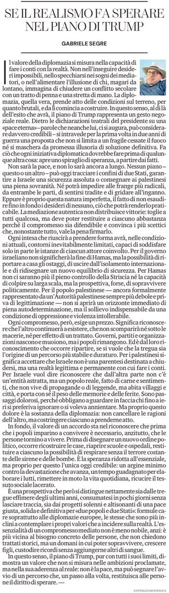 #Trump’s plan to end the #Gaza conflict: not the promised #peace, but a concrete opening. I write on this in my piece published this morning on <a href="/LaStampa/">La Stampa</a>.