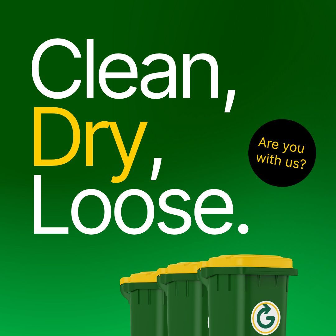 Your green bin works best when it’s Clean, Dry and Loose.
✔️ Pop in paper, cardboard, plastic bottles &amp; cans
❌ Skip the bags, food, glass &amp; greasy stuff

Every little action keeps recycling clean and ready for a second life.