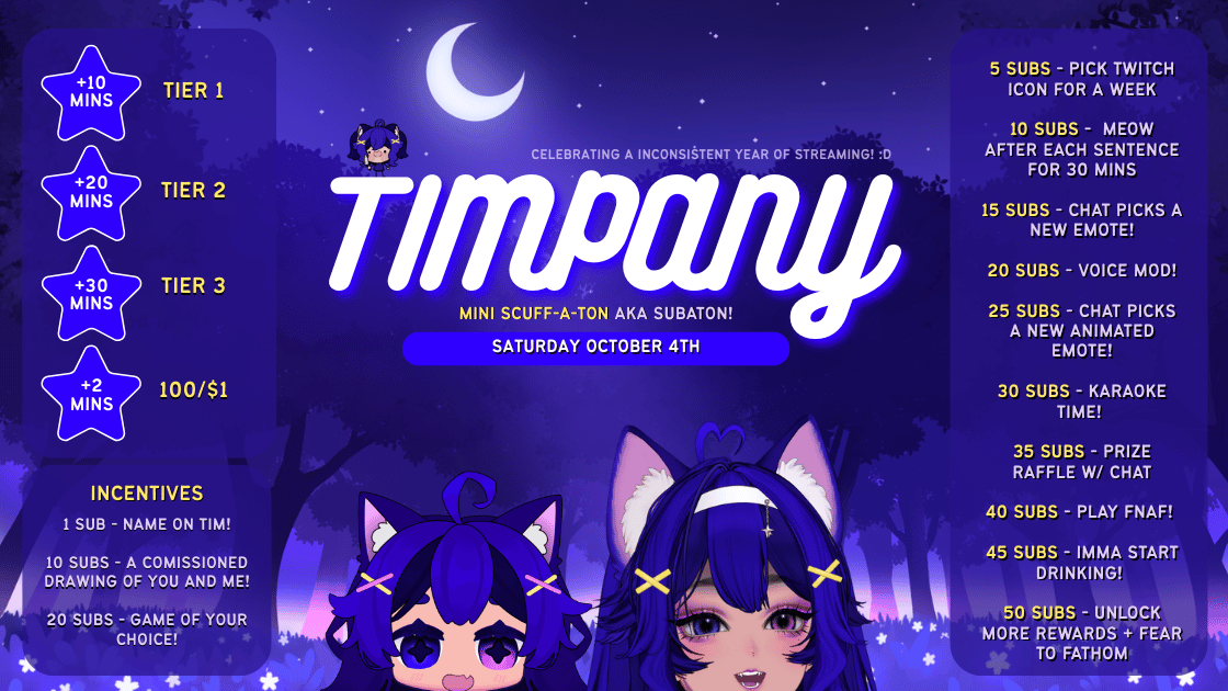 timpanyVT's tweet photo. https://t.co/ZeHESRusU7
Hello! I'm just letting yall know I will be having a mini subathon to celebrate my inconsistent year of streaming HIP HIP HORRAY!!! it will be this Saturday OCT 4 SO  stop by and say hi if you can :D! check it out below! ty💙 https://t.co/L1adVqCuvi