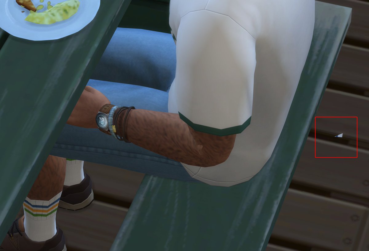 This is gonna annoy me to no end... 
As far as I can tell, this comes from the socks my sim is wearing, and is only visible when he is sitting. Hope it gets fixed eventually cos I love these socks! 

#TheSims4AdventureAwaits