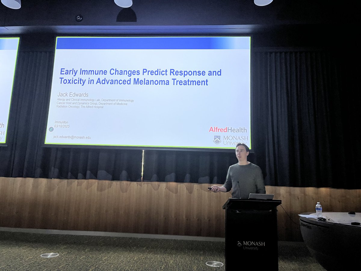 ImmuMon's tweet photo. Insightful presentation from Jack Edwards (STM) on advanced melanoma treatment. 
By profiling peripheral immune changes during checkpoint blockade, his work aims to predict both treatment response and potential toxicity. #Melanoma #Monash https://t.co/cQi6T7BdtR