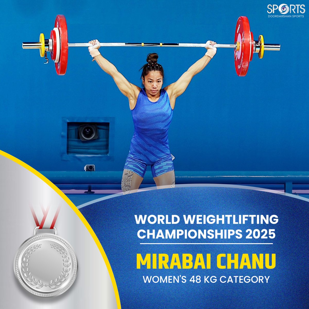 ddsportschannel's tweet photo. Mirabai Chanu continues to write glory post #Paris2024 comeback🥳
#TokyoOlympics 2020 silver medallist🥈 Mirabai Chanu continues her fine form post-Paris Olympics 2024, claiming Silver🥈 in the women’s 48 kg category with a total lift of 199 Kg at the World Weightlifting Championships 2025, her 3rd medal🏅 at the global competition.
Take a bow, champion! 🙌🏻
#IndianWeightlifting #WomenInSports #GameOn #WorldChampionships