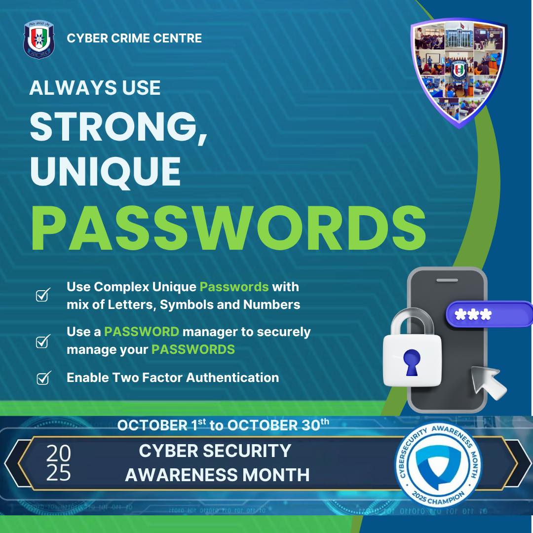 CyberPoliceMv's tweet photo. 📷 Your passwords are the keys to your digital life. This Cyber Security Awareness Month, take a moment to strengthen your passwords and protect your accounts. https://t.co/fK3JPlUezK