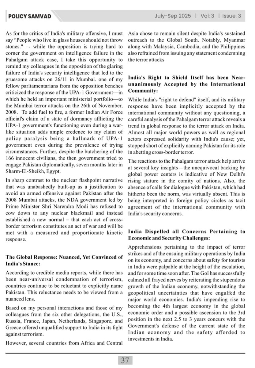 SanjayJhaBihar's tweet photo. My article on "Operation Sindoor- India's Military and Diplomatic Masterstroke" has been published in Policy Samvad – a National Quarterly Journal.

Grateful for the opportunity to contribute to this platform that brings forth meaningful discussions on public policy and national issues.

#PolicySamvad #OperationSindoor #PublicPolicy