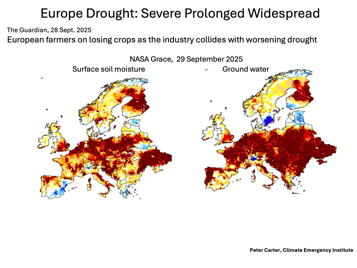 EUROPE 2025 DROUGHT: SEVERE PROLONGED WIDESPREAD 
The summer of 2025 has been harsh for Europe, with extreme temperatures and drought. The. NASA Grace satellite project has proven to be a reliable global drought monitor.  #drought #climatechange #globalwarming
