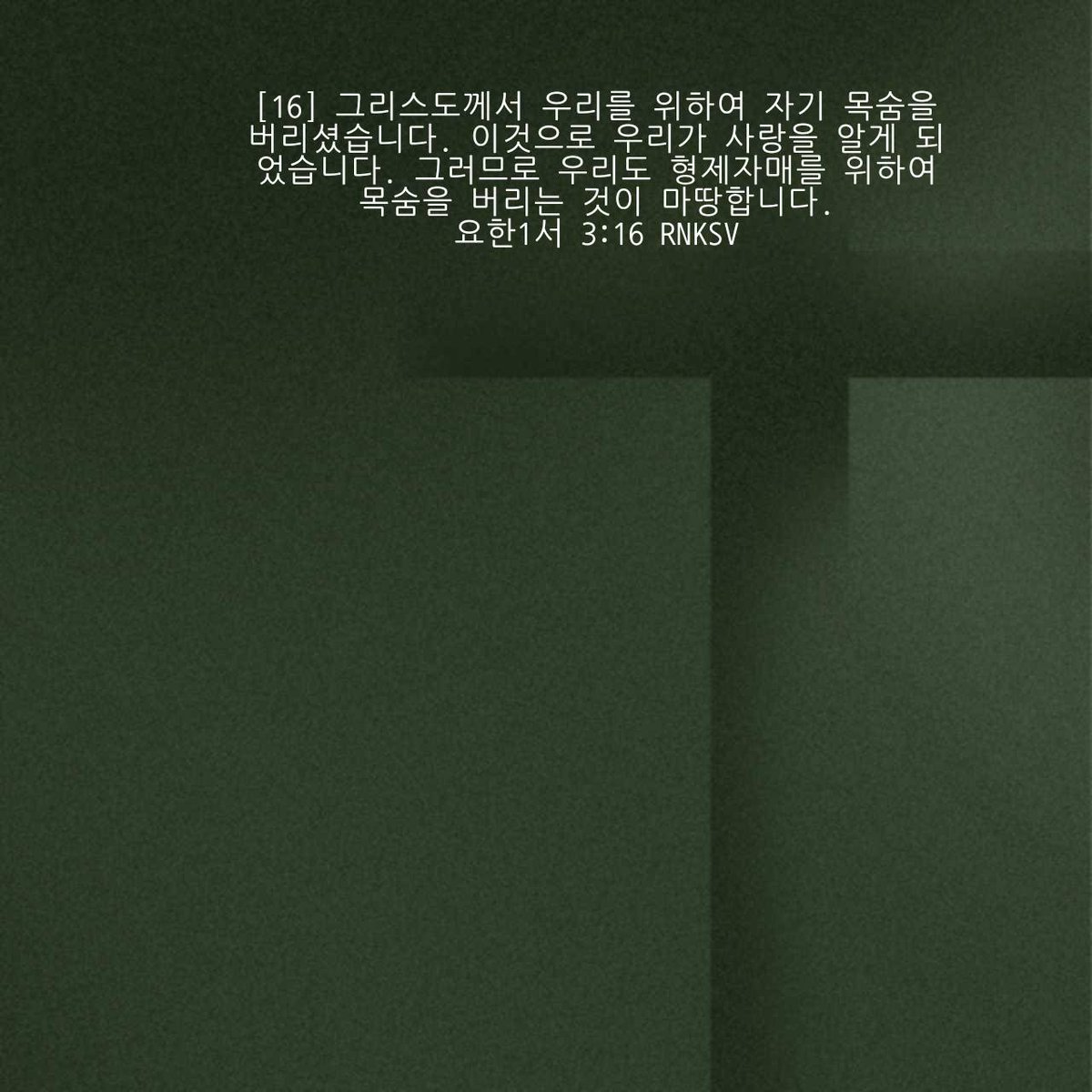 요한1서 3:16 RNKSV
[16] 그리스도께서 우리를 위하여 자기 목숨을 버리셨습니다. 이것으로 우리가 사랑을 알게 되었습니다. 그러므로 우리도 형제자매를 위하여 목숨을 버리는 것이 마땅합니다. 

bible.com/bible/142/1jn.…