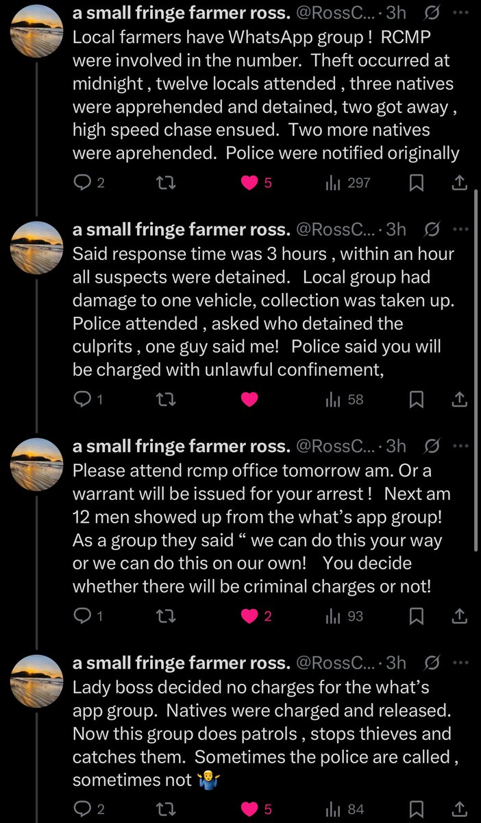RCMP try charging a farmer for unlawful detainment when the RCMP gave a 3 hour response time to an incident. 
Local WhatsApp groups is a fantastic idea btw. 
RCMP are going the way of residential school bodies, we are told they are there, but nobody ever sees them.