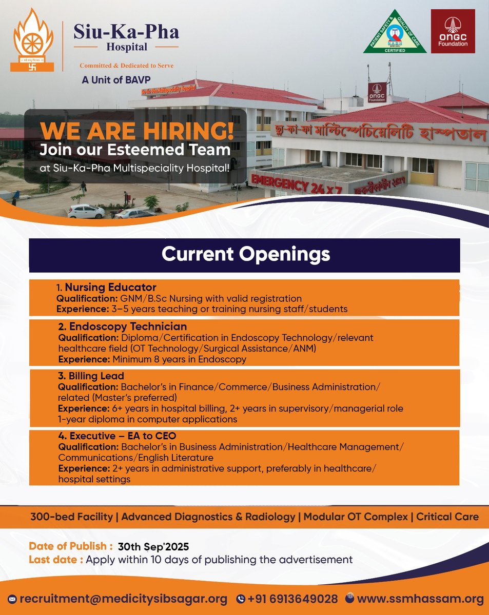 siukaphahosp's tweet photo. 1. Nursing Educator
2. Endoscopy Technician
3. Billing Lead
4. Executive - EA to CEO

Join a team committed to delivering exceptional healthcare.
Apply today or share with someone who might be a great fit!

Last Date : 10th October, 2025 https://t.co/TbiWmohHHJ