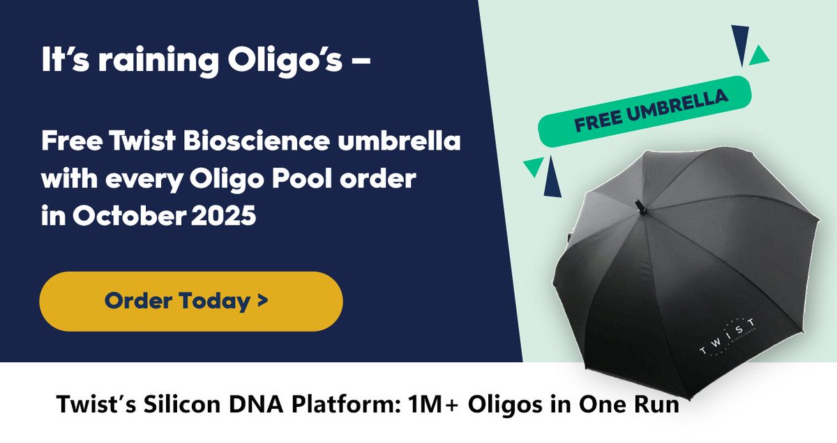 Decode_Science's tweet image. 🔬 Scale without limits.

Twist&apos;s silicon-based DNA synthesis  — ideal for #CRISPR libraries, genome tiling, high-throughput screens &amp;amp; FISH.

📌 Free @TwistBioscience umbrella with every order.

Reach out to Decode for more...

#Genomics #OligoPools #SyntheticBiology