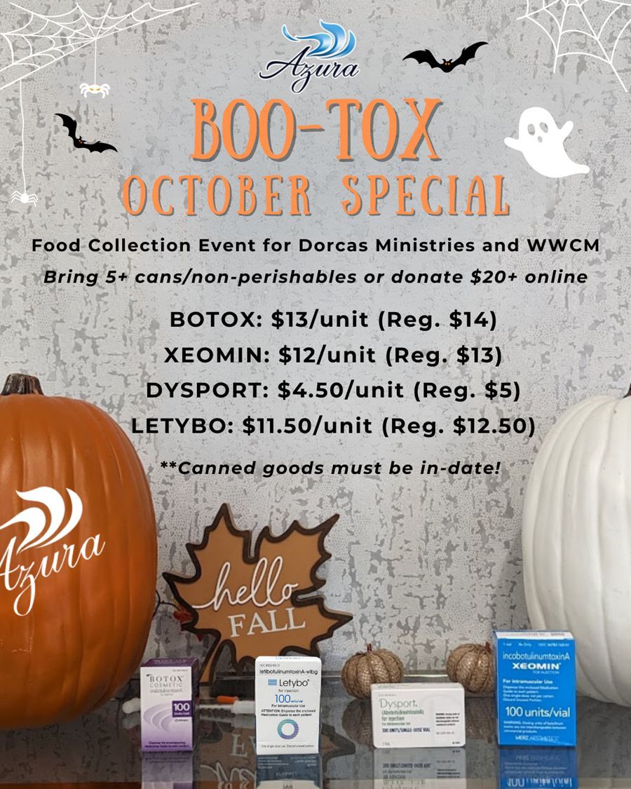 AzuraSkin's tweet image. 👻 ITTTT’SSS BACK 👻

Our annual BOO-TOX October Special is here—and this year, we’re proud to support Dorcas Ministries and Western Wake Crisis Ministry!  

Let&apos;s fill their cabinets! Get all the details and a list of their most needed items at buff.ly/U5KddUr. 

#bootox