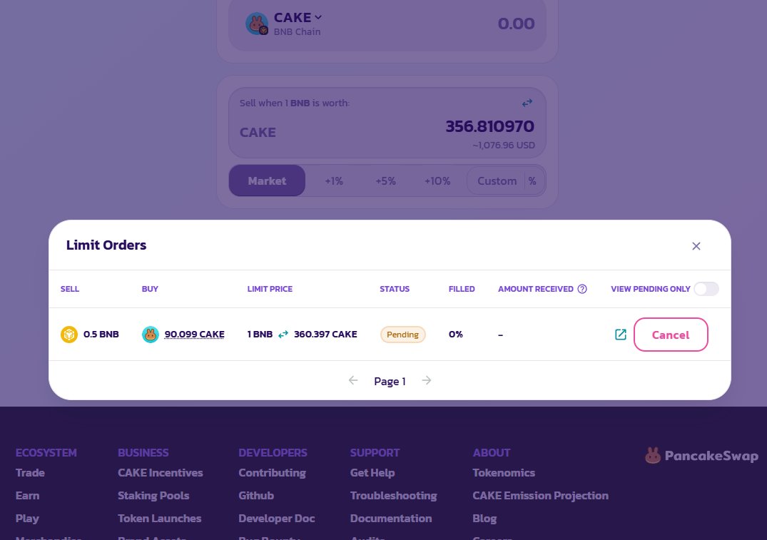 smartmoni42's tweet photo. @PancakeSwap My first limit orders with BNB to Cake🍰 https://t.co/LSraJJbcZI
