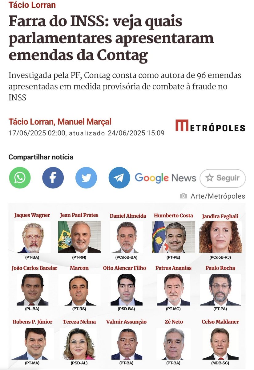 15 parlamentares, sendo 12 (DOZE!) do PT/PCdoB propuseram emendas literalmente REDIGIDAS PELA CONTAG.

Essas emedas, claro, afrouxaram os mecanismos de controle e facilitaram o roubo do INSS.

É inacreditável como estão conseguindo abafar esse escândalo.

metropoles.com/colunas/tacio-…