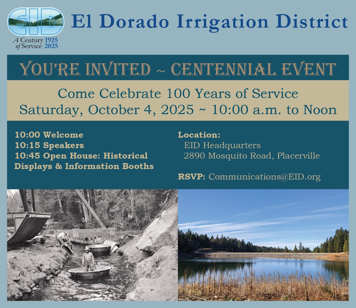 🎉 Centennial Celebration This Saturday 🎉

The District is turning 100!  We look forward to celebrating with the community!

#CenturyofService #EID100Years #CentennialCelebration #CommunityEvent