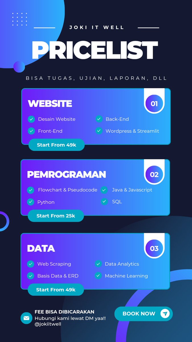 jokiitwell's tweet image. 🚀 Butuh joki tugas cepat & rapi?
yuk mulai dari Excel, Figma, Coding (Python, SQL, Laravel, Streamlit), Web, ERD, Basis Data, Machine Learning, Scraping, Dashboard (Looker, Tableau, Power BI), dll
💡 fast resp & hasil cepat
📩 yuk wa di bio yaa!
#jokitugas #jokicoding #zonauang