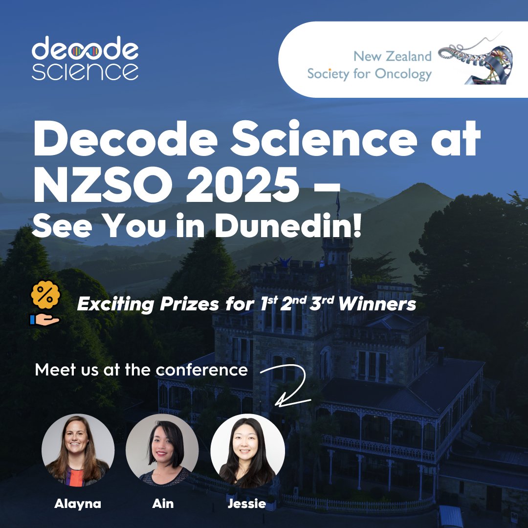 Decode_Science's tweet image. 🎗️ Meet us at Booth 16 during #NZSO2025!

Alayna, Jessie &amp;amp; Ain will be there to chat genomics and oncology research.

Get ready for some Decode swag, community spirit &amp;amp; the costume competition.

👋 Come say hi!

#Oncology #Genomics #CancerResearch #EnablingDiscovery