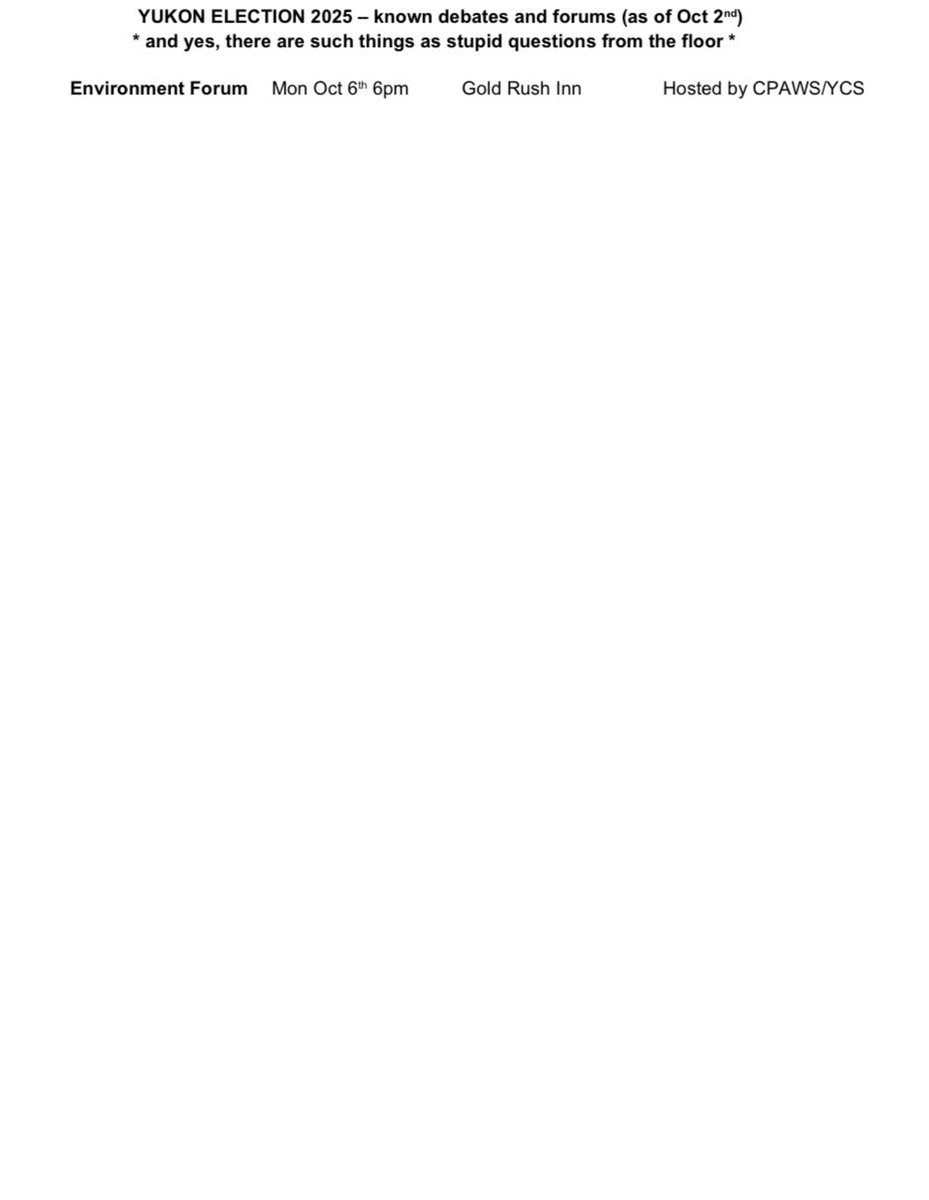 Updated list as of Oct 2nd! Now with debates and forums! Any additions/corrections welcome. 

#Yukon #ytpoli #ytelection2025