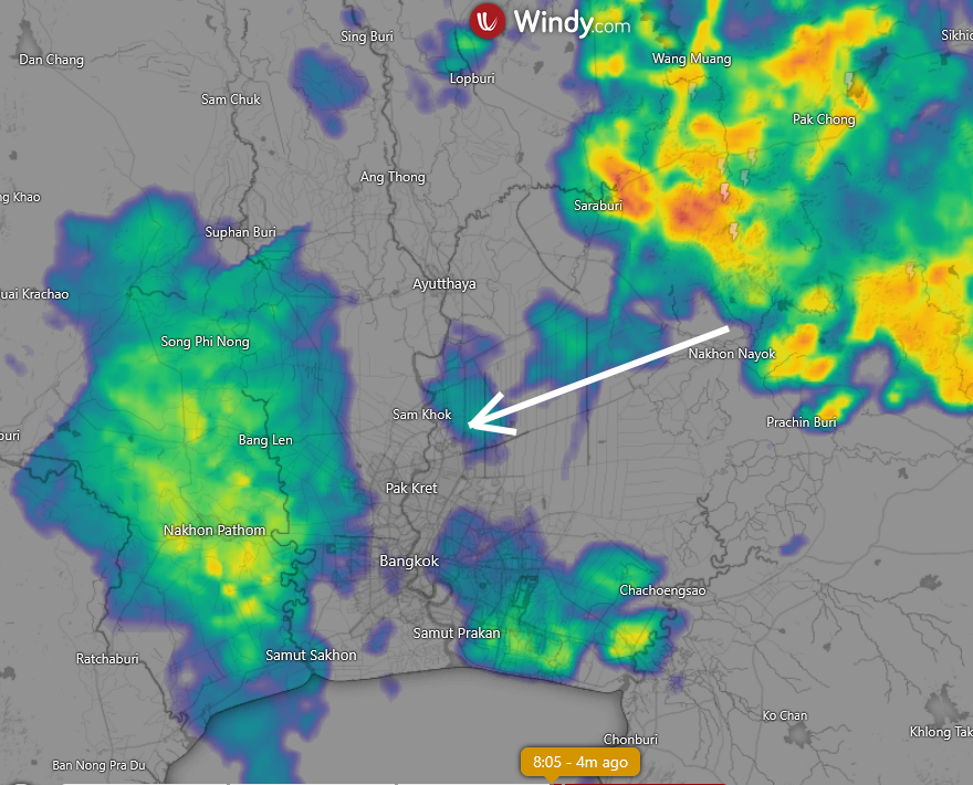 HelmutDuerrast's tweet image. 03 Oct 25 08:05
RAIN (blue-green-yellow-red=higher intensity) for #Thailand #Bangkok and region; windy.com with RAIN radar from TMD.go.th       

&amp;gt;Enhanced #SWMonsoon    
&amp;gt;RAIN in larger area around Bangkok seemingly moving in WSW direction