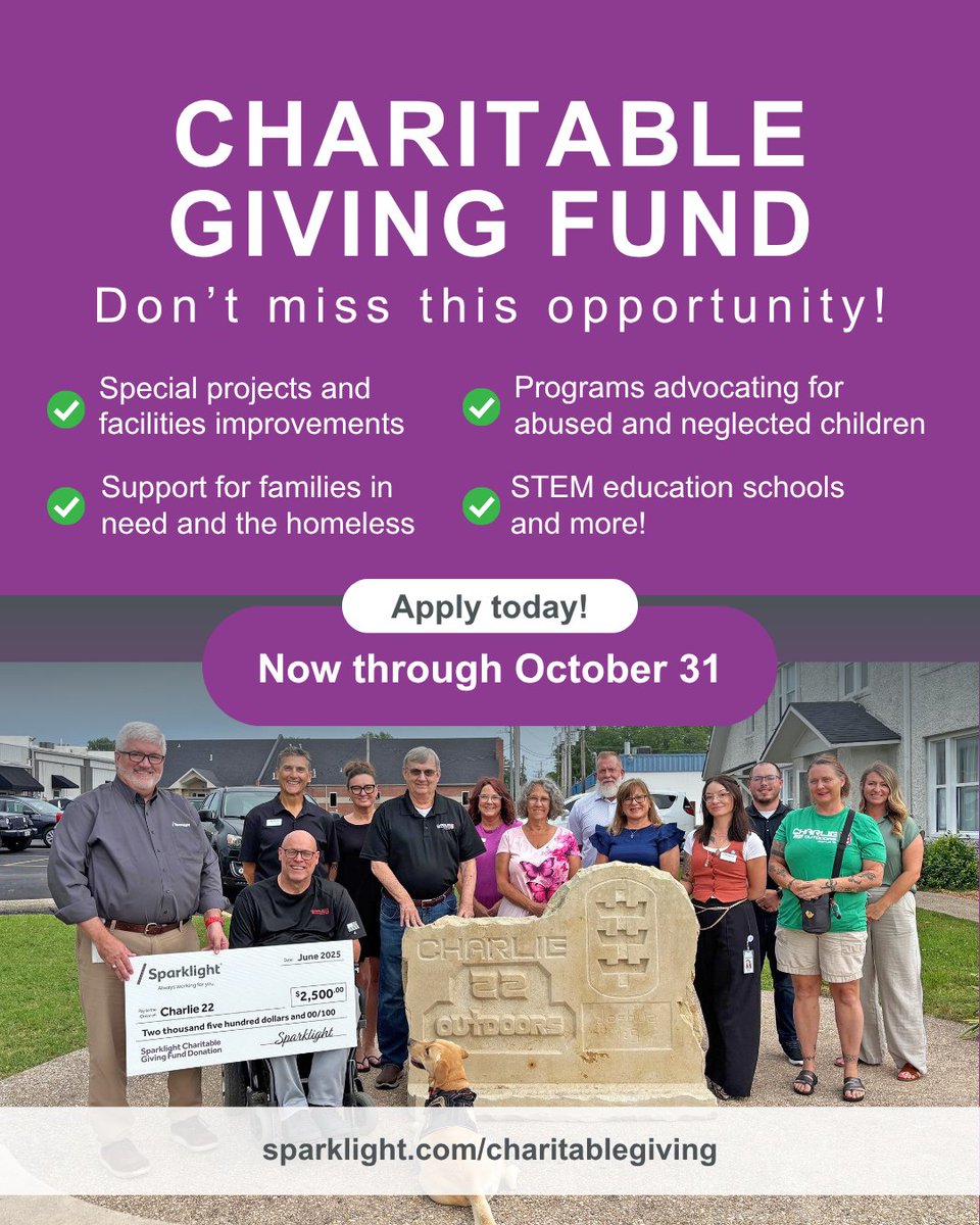 sparklightcares's tweet image. Nonprofits, it’s go time! 🎉
Our Charitable Giving Fund is open for fall 2025 applications - $250K up for grabs!
𝐀𝐩𝐩𝐥𝐲 𝐛𝐲 𝐎𝐜𝐭. 𝟑𝟏 👉 sparklight.com/charitablegivi…
#SparklightCares #CharitableGiving #Nonprofits