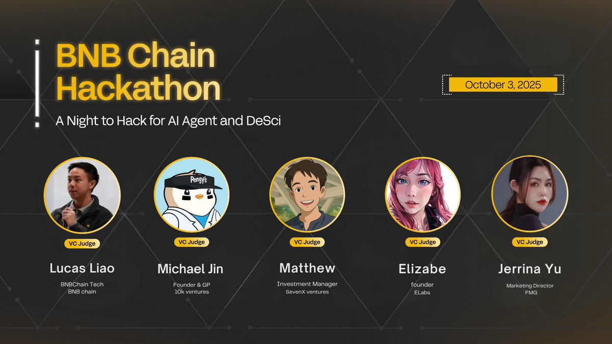 499_DAO's tweet image. ⏰Mark your calendars for Hack the Intelligence: Transform on BNB Chain! 🚀
💡Hosted by @499_DAO with strong support from @BNBCHAIN

📍 October 3 | Amara Singapore

🌐 Explore AI, DePIN, DeSoc &amp;amp; DeSci — and build the future of Web3!
🌟 Meet our powerhouse VC Judges:

Lucas Liao…