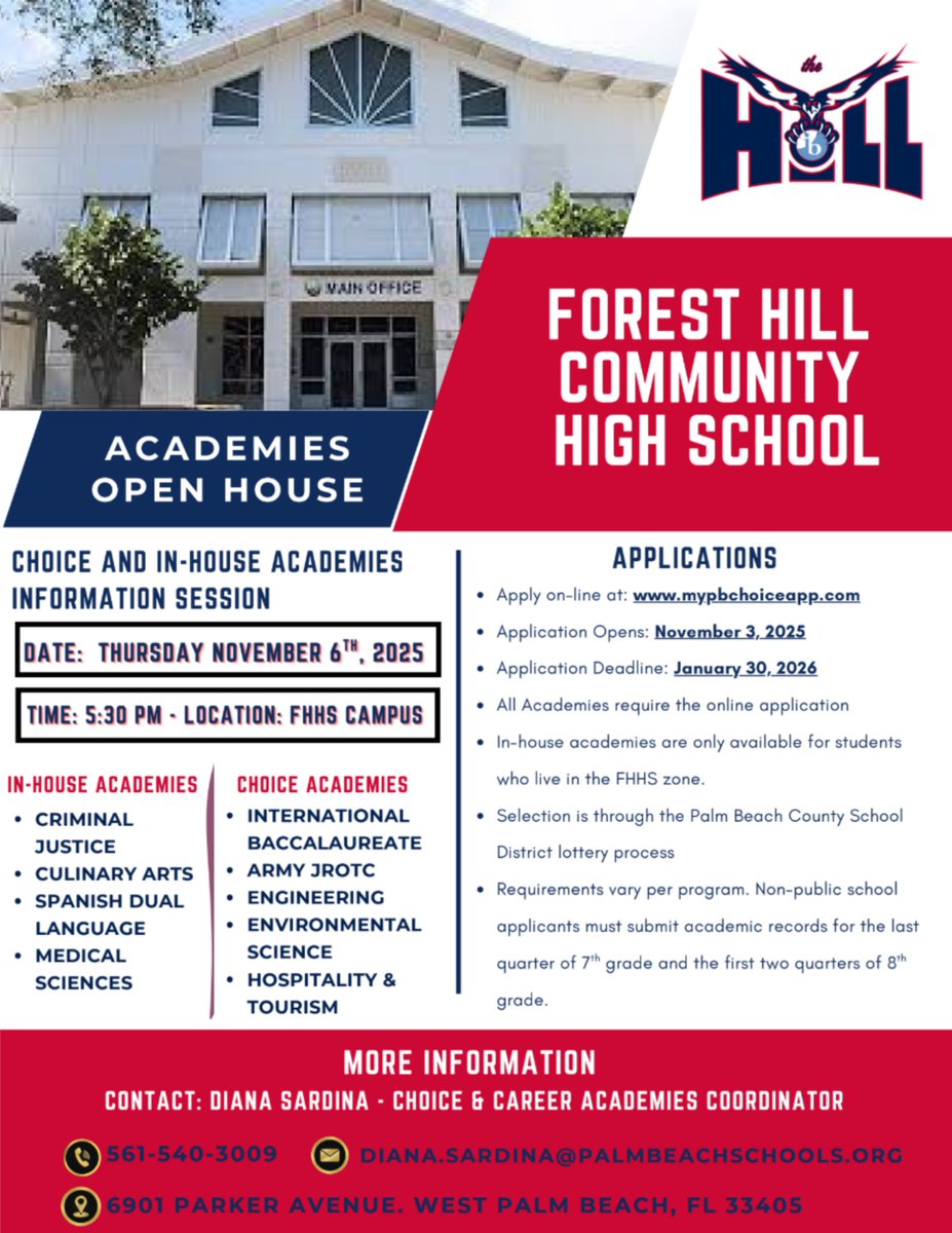 Mark your calendars! Don't miss an opportunity to see what Forest Hill has to offer with our Academies Open House on November 6th. See flyer for details on date and time, applications, and more!