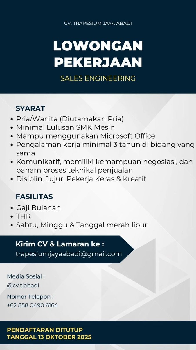 jing_haoo's tweet image. #LokerSidoarjo #LokerAdmin #LokerCot
Penempatan: Sukodono, Sidoarjo.