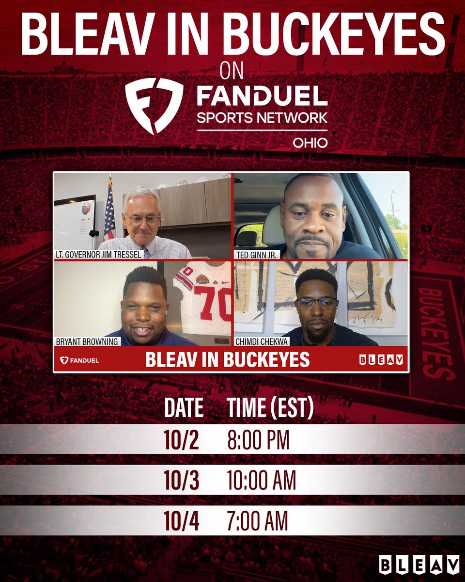 BleavinBuckeyes's tweet photo. BONUS EPISODE!
This week: Buckeye legends Jim Tressel & Ted Ginn Jr. join us to talk OSU Football & the Tressel Fitness Challenge 🏈
🎧 Watch on YouTube, listen wherever you get your podcasts, or catch it on @FanDuelTV!
🔁 RT & 🔔 subscribe!
#GoBucks #BleavNetwork #FanDuel https://t.co/OB4feK8nAK