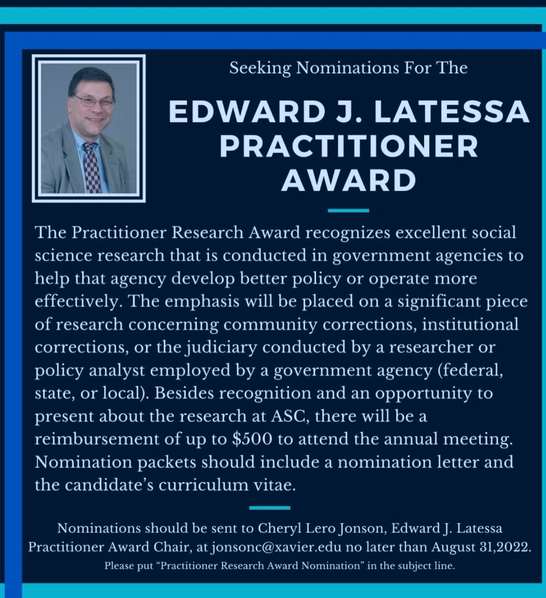 I just learned that the Division on Corrections and Sentencing of ASC (American Society of Criminology) selected me as the recipient of the Edward J. Latessa Practitioner Research Award! <a href="/PaceUniversity/">Pace University</a> <a href="/DysonCollege/">Dyson College of Arts and Sciences</a>