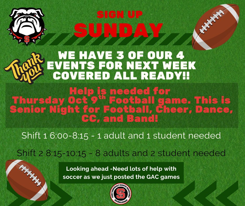 Haven't volunteered in concessions yet? It's your lucky day we have lots of spots open. Check it out. 

Use this link to sign up or download the app. 
fzsboosters.boosterhub.com/home/1515