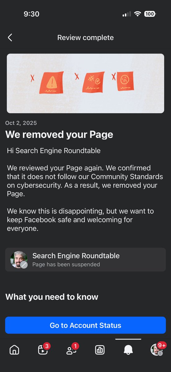 rustybrick's tweet image. So Facebook fully removed the Search Engine Roundtable page - I don’t understand why. It’s been on Facebook for like 20 years - Facebook even gave it a custom url before other channels got it. Oh well. I guess less for me to manage.  I really thought it was some mistake and a…