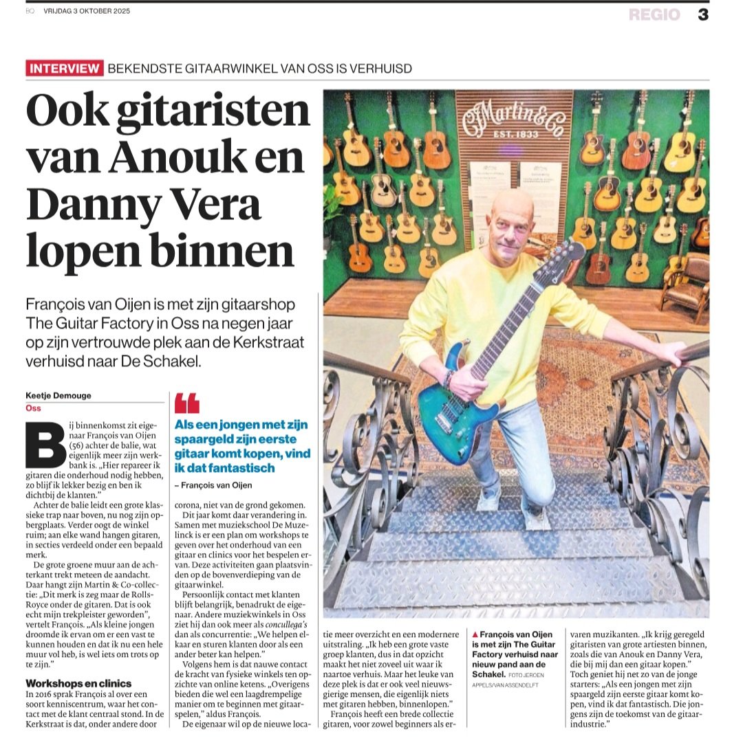 'François van Oijen is met zijn gitaarshop The Guitar Factory in Oss na negen jaar op zijn vertrouwde plek aan de Kerkstraat verhuisd naar De Schakel.' Vandaag in BD! #centrumoss #hartvandestad