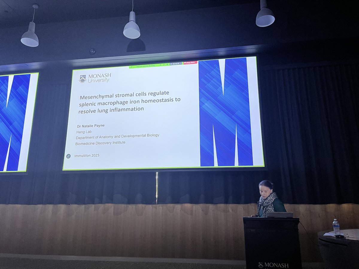 ImmuMon's tweet photo. Great talk from Natalie Payne (BDI) on how mesenchymal stromal cells (MSCs) help resolve lung inflammation. 🫁
She showed MSCs regulate splenic macrophage iron balance to improve outcomes in acute lung injury and ARDS. #Immunology #Monash https://t.co/a7aol0eWiu