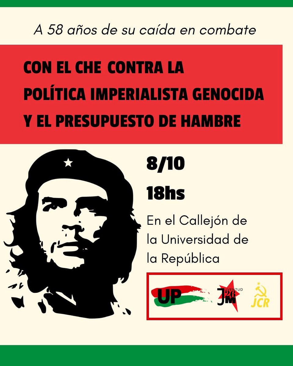 📢 | ACTO HOMENAJE AL CHE 

Como cada año las juventudes de Unidad Popular los convocamos a homenajear al comandante revolucionario Che Guevara en un nuevo aniversario de su caída en combate.

🗓️ Miércoles 8 de octubre
🕕 18:00 horas
📌 Callejón de la Universidad

¡Te esperamos!