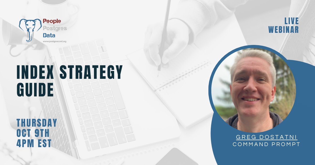 PostgresWorld's tweet image. Join us for this upcoming @PostgresWorld webinar!
📅 Oct 9 | 4 PM ET
Index Strategy Guide w/ Greg Dostatni, DBA & System Administrator at @cmdpromptinc
🎟️ Register: postgresconf.org/conferences/20…
#Postgres