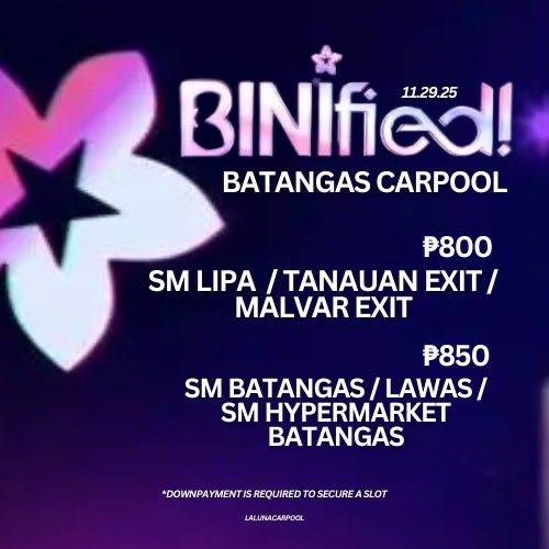lalunacarpool's tweet photo. WTS LFB BINIFIED BATANGAS CARPOOL

LOCATIONS:
* SM LIPA &amp; BATANGAS
* TANAUAN &amp; MALVAR EXIT

FORMS: https://t.co/aRUMzHRAh2

tags.
#bini #binified #biniph https://t.co/GivX96Lojg