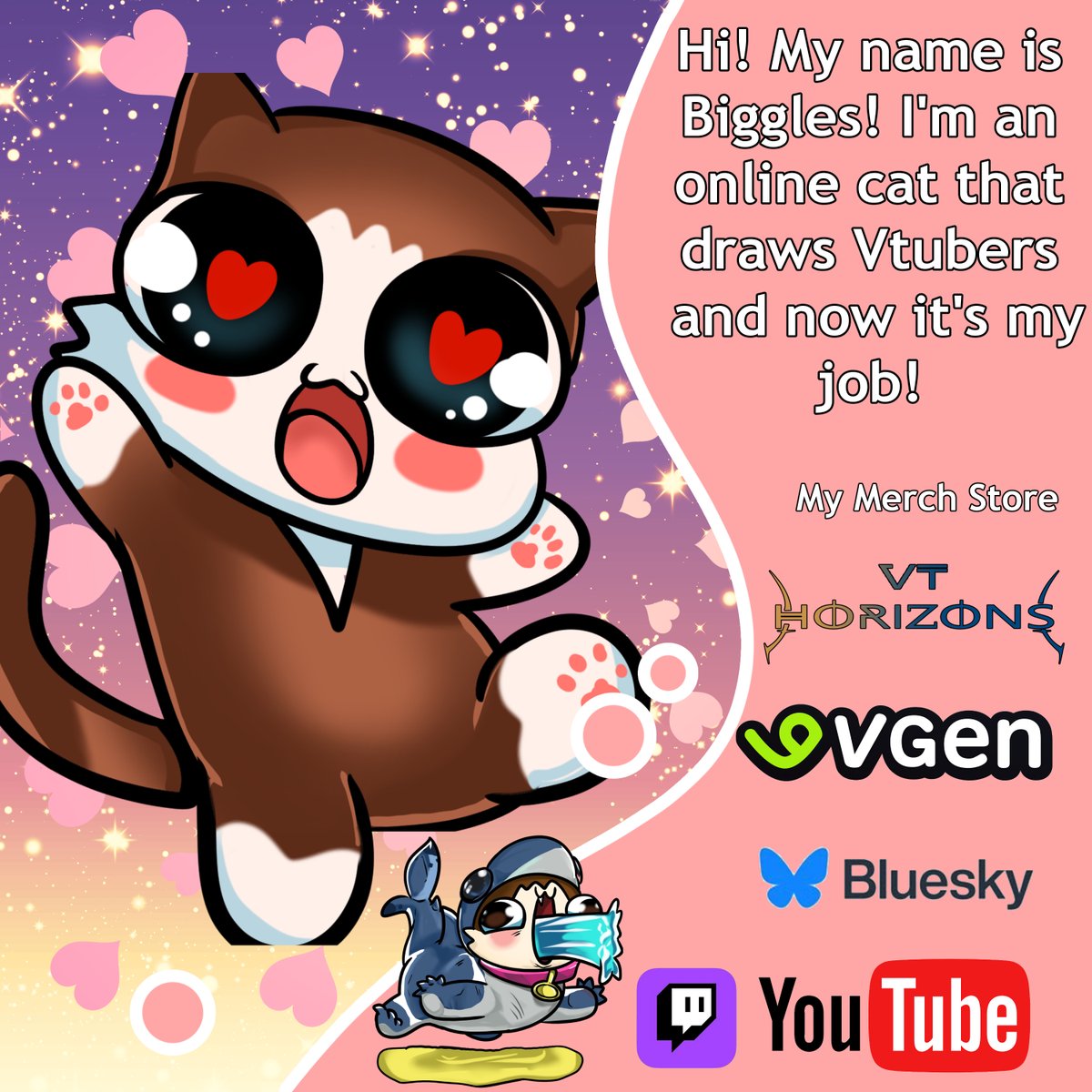 Master_Biggles's tweet photo. Hello new followers! If you don't know me. My name is Biggles. I'm the internet piss cat who has a crippling addiction to vtubers. (DEAR GOD I CANT STOP DRAWING THEM.)  I draw art and stream on Twitch where i draw more art.  I even own my own Vtuber Merch store @VtHorizons https://t.co/sWN0QEPoUa