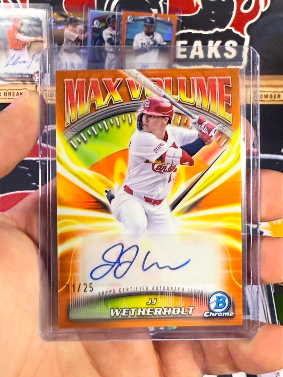 Bomber Sports Cards (@bomberbreaks) on Twitter photo Max Volume Orange Refractor Auto /25 of JJ Wetherholt with a sick pull for the Cardinals tonight! 🔥🔥 @topps @fanatics #baseballcards #bowmanchrome #mlb #stlouiscardinals #cardinals #thehobby Max Volume Orange Refractor Auto /25 of JJ Wetherholt with a sick pull for the Cardinals tonight! 🔥🔥 @topps @fanatics #baseballcards #bowmanchrome #mlb #stlouiscardinals #cardinals #thehobby
